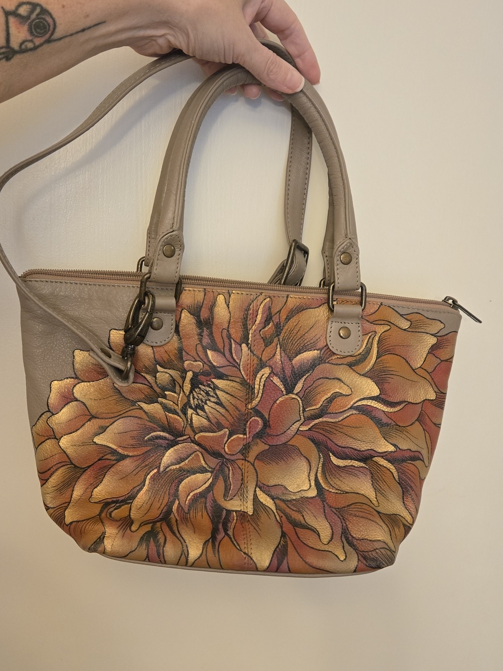 Anuschka Hand-Painted Leather Triple Compartment Satchel Bag - Dreamy Dahlias